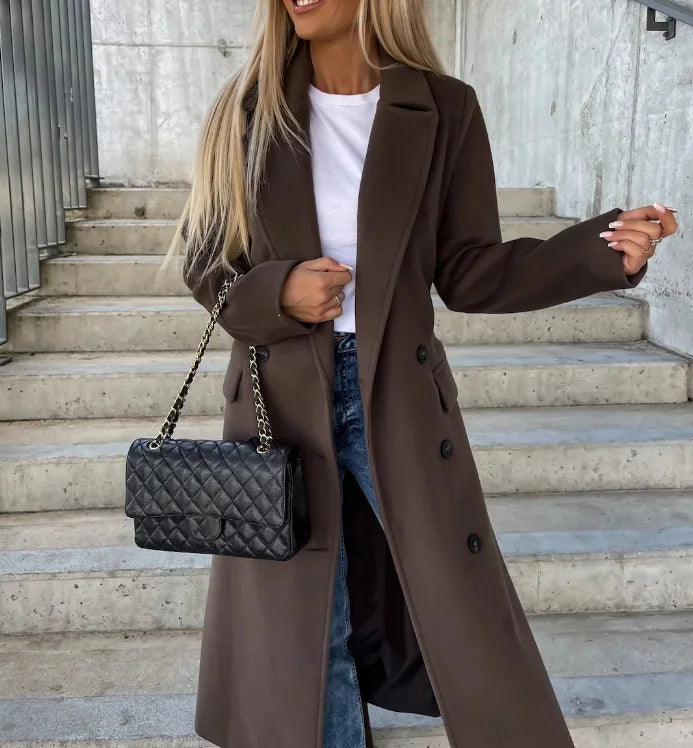 Manteau Long Femme Double Boutonnage Col à Revers Ceinturé - Hiverline