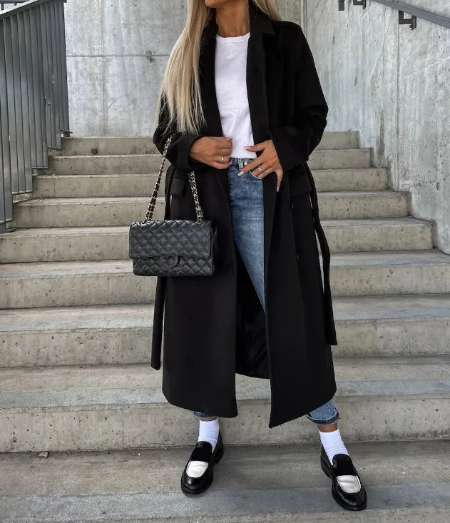 Manteau Long Femme Double Boutonnage Col à Revers Ceinturé - Hiverline