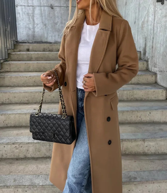 Manteau Long Femme Double Boutonnage Col à Revers Ceinturé - Hiverline