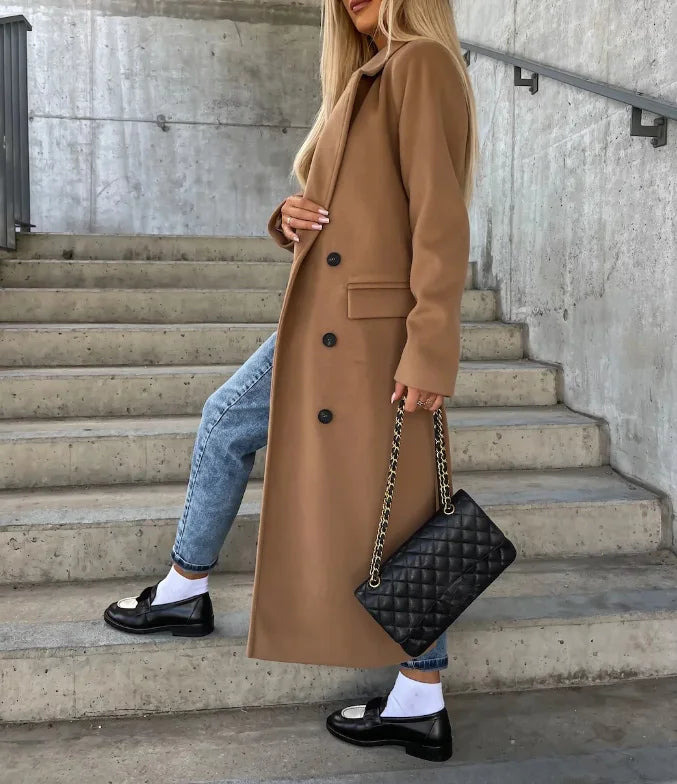 Manteau Long Femme Double Boutonnage Col à Revers Ceinturé - Hiverline
