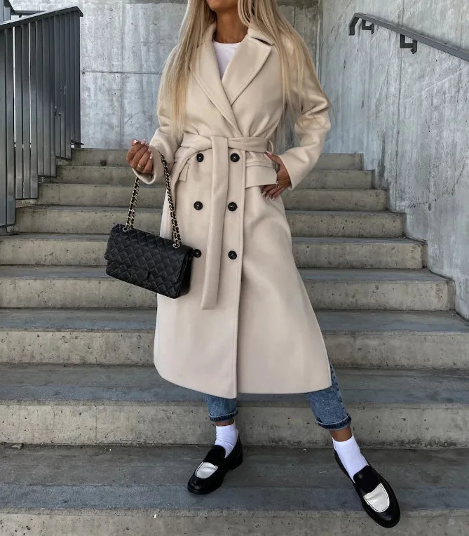 Manteau Long Femme Double Boutonnage Col à Revers Ceinturé - Hiverline
