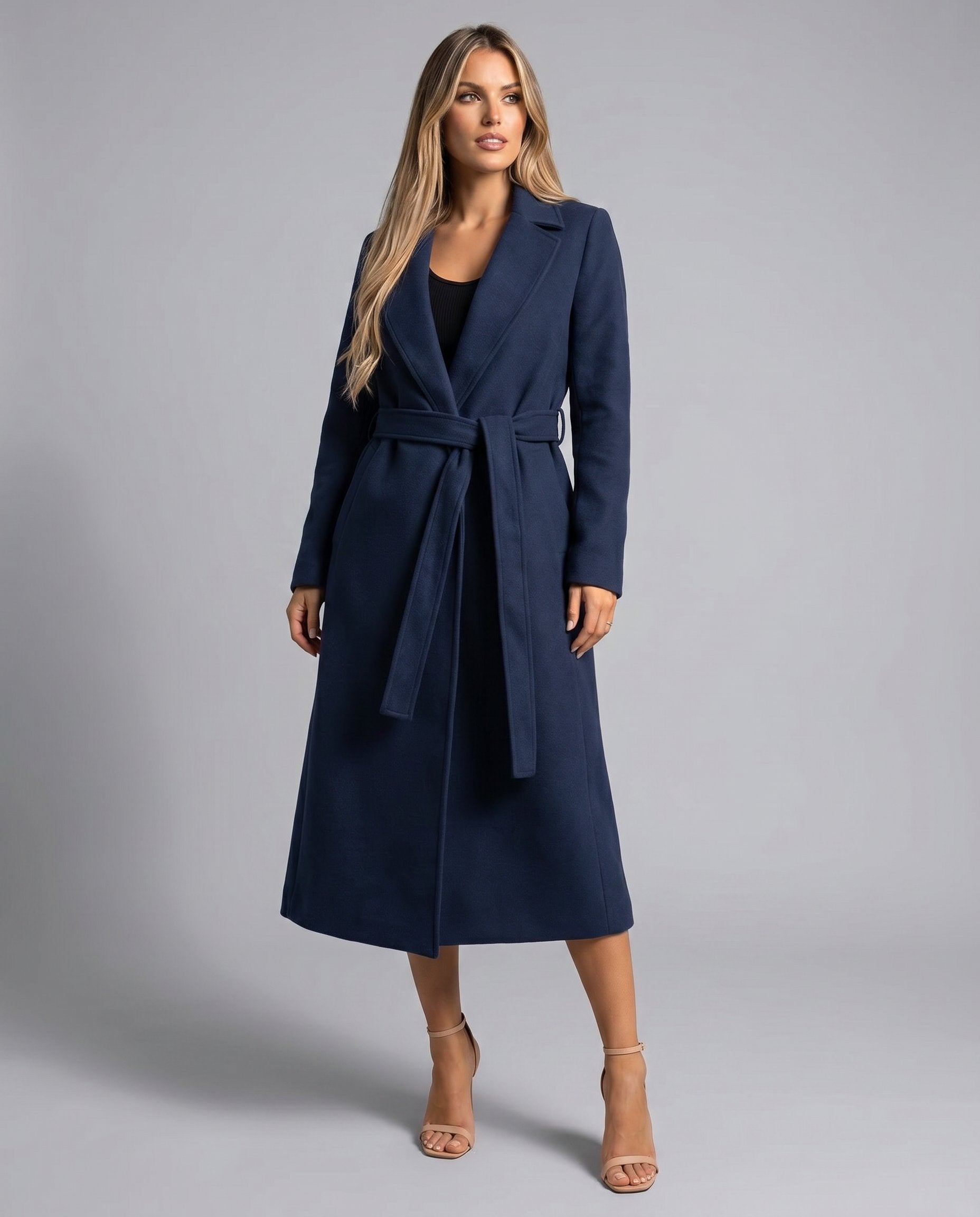 Manteau Long Femme en Laine Mélangée à Ceinture Col Châle Coupe Droite Hiver Bureau Soirée - Hiverline