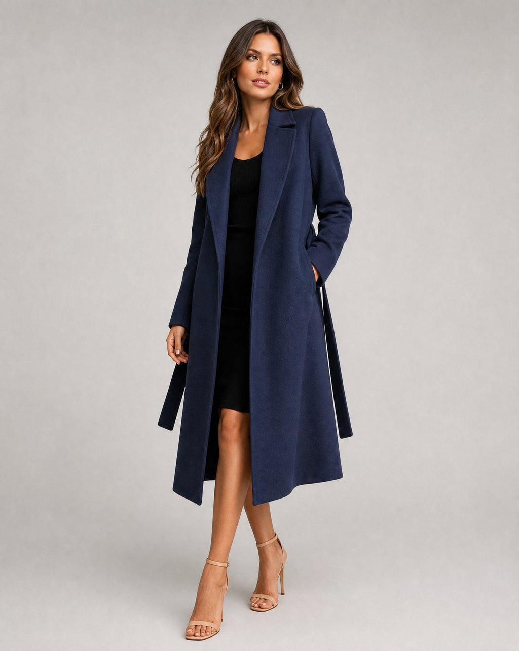 Manteau Long Femme en Laine Mélangée à Ceinture Col Châle Coupe Droite Hiver Bureau Soirée - Hiverline