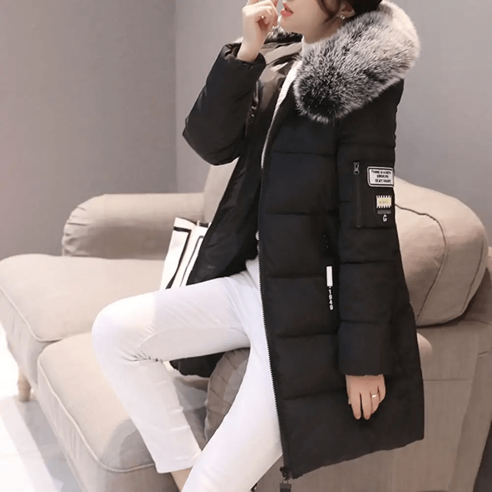 Manteau Puffer Mi-Long Femme Coupe-Vent à Capuche Fourrure Hiver - Hiverline