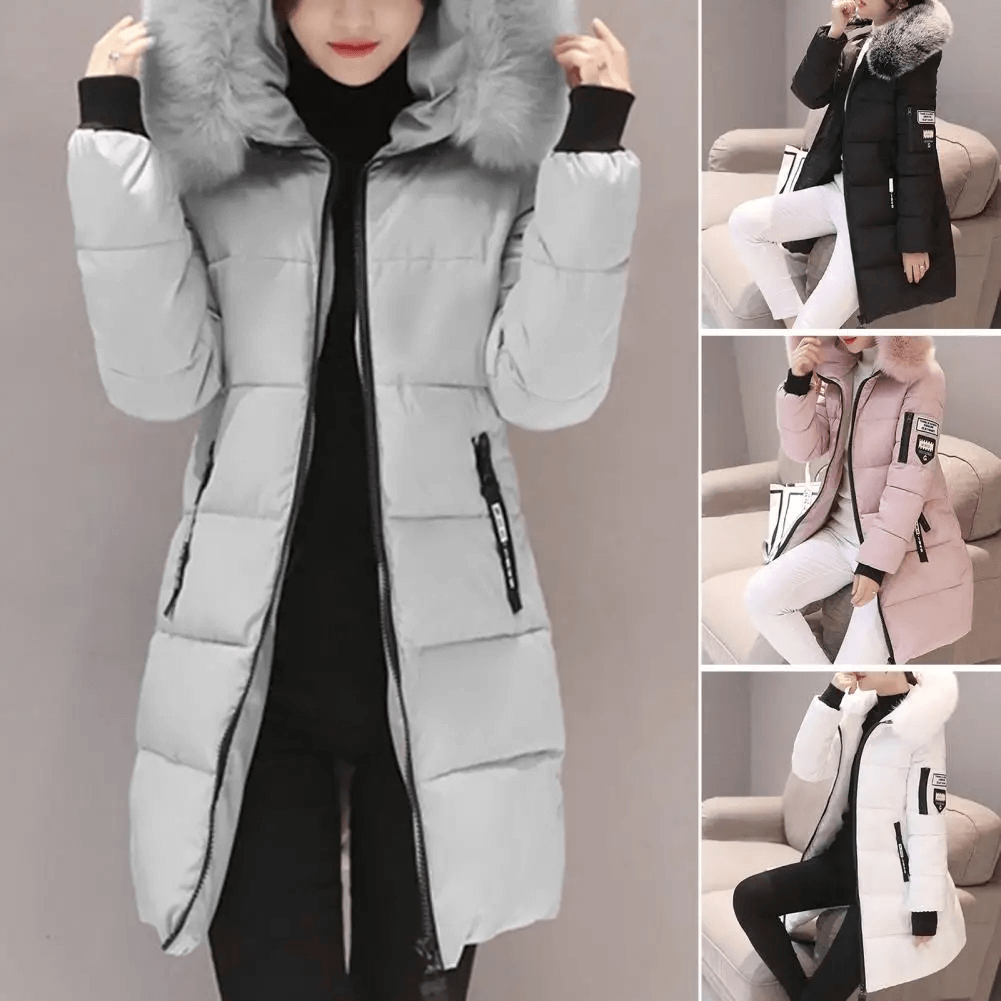 Manteau Puffer Mi-Long Femme Coupe-Vent à Capuche Fourrure Hiver - Hiverline