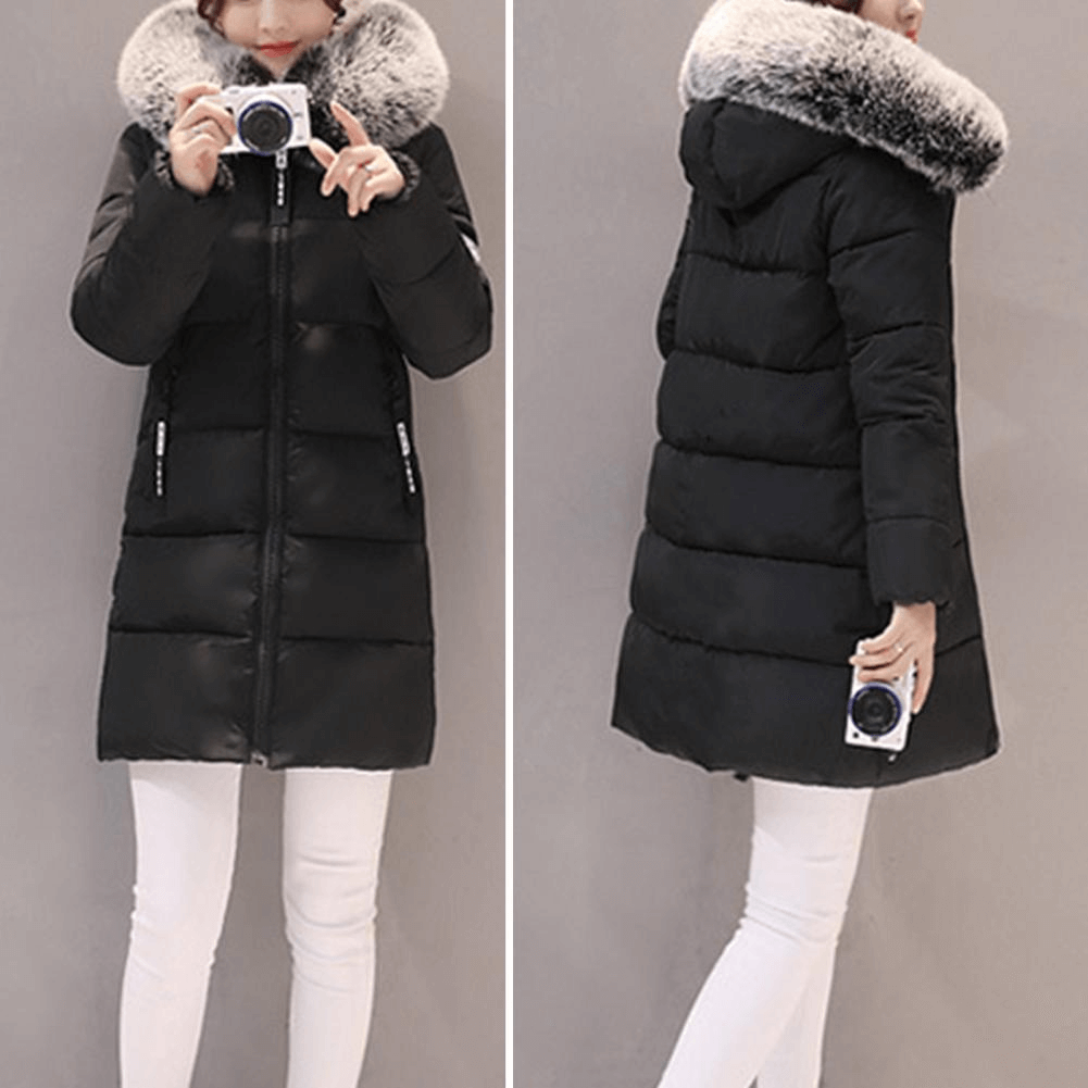 Manteau Puffer Mi-Long Femme Coupe-Vent à Capuche Fourrure Hiver - Hiverline