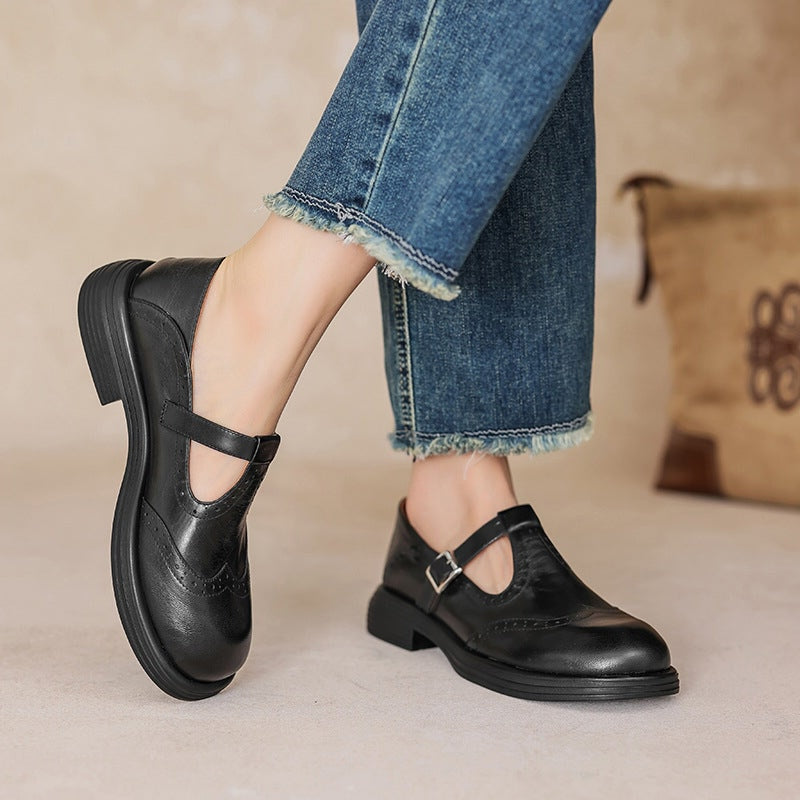 Mary Janes donna in pelle premium con cinturino classico, suola imbottita antiscivolo, elegante casual per ufficio e uso quotidiano – Marrone Cognac