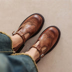 Mary Janes donna in pelle premium con cinturino classico, suola imbottita antiscivolo, elegante casual per ufficio e uso quotidiano – Marrone Cognac