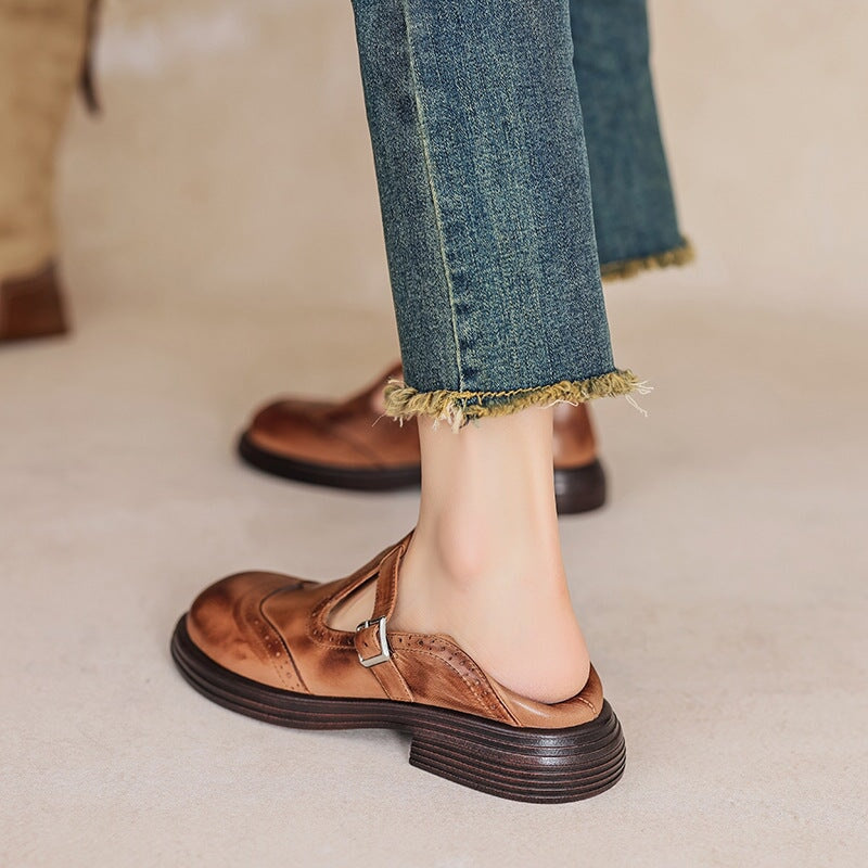 Mary Janes Femme en Cuir Premium Sangle Classique Semelle Rembourrée Antidérapante Élégante Casual Bureau Quotidien – Marron Cognac