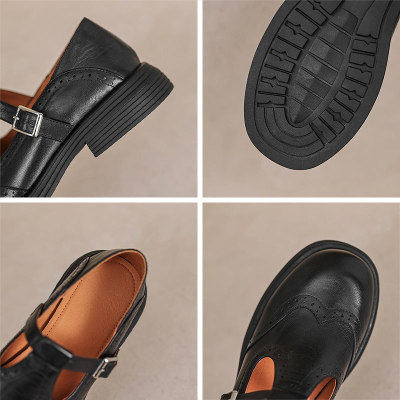 Mary Janes donna in pelle premium con cinturino classico, suola imbottita antiscivolo, elegante casual per ufficio e uso quotidiano – Marrone Cognac