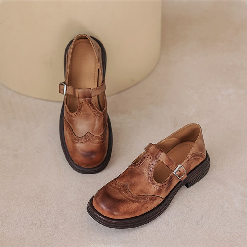 Mary Janes Femme en Cuir Premium Sangle Classique Semelle Rembourrée Antidérapante Élégante Casual Bureau Quotidien – Marron Cognac