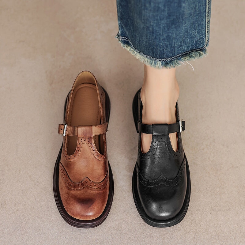 Mary Janes donna in pelle premium con cinturino classico, suola imbottita antiscivolo, elegante casual per ufficio e uso quotidiano – Marrone Cognac