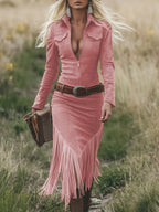 Robe Midi à Franges en Suède Rétro Western pour Femmes, Manches Longues, Col à Revers, Fermeture Éclair, Ceinturée, Silhouette Élancée, Fête Cowgirl, Festival – Tan