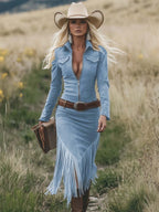 Robe Midi à Franges en Suède Rétro Western pour Femmes, Manches Longues, Col à Revers, Fermeture Éclair, Ceinturée, Silhouette Élancée, Fête Cowgirl, Festival – Tan