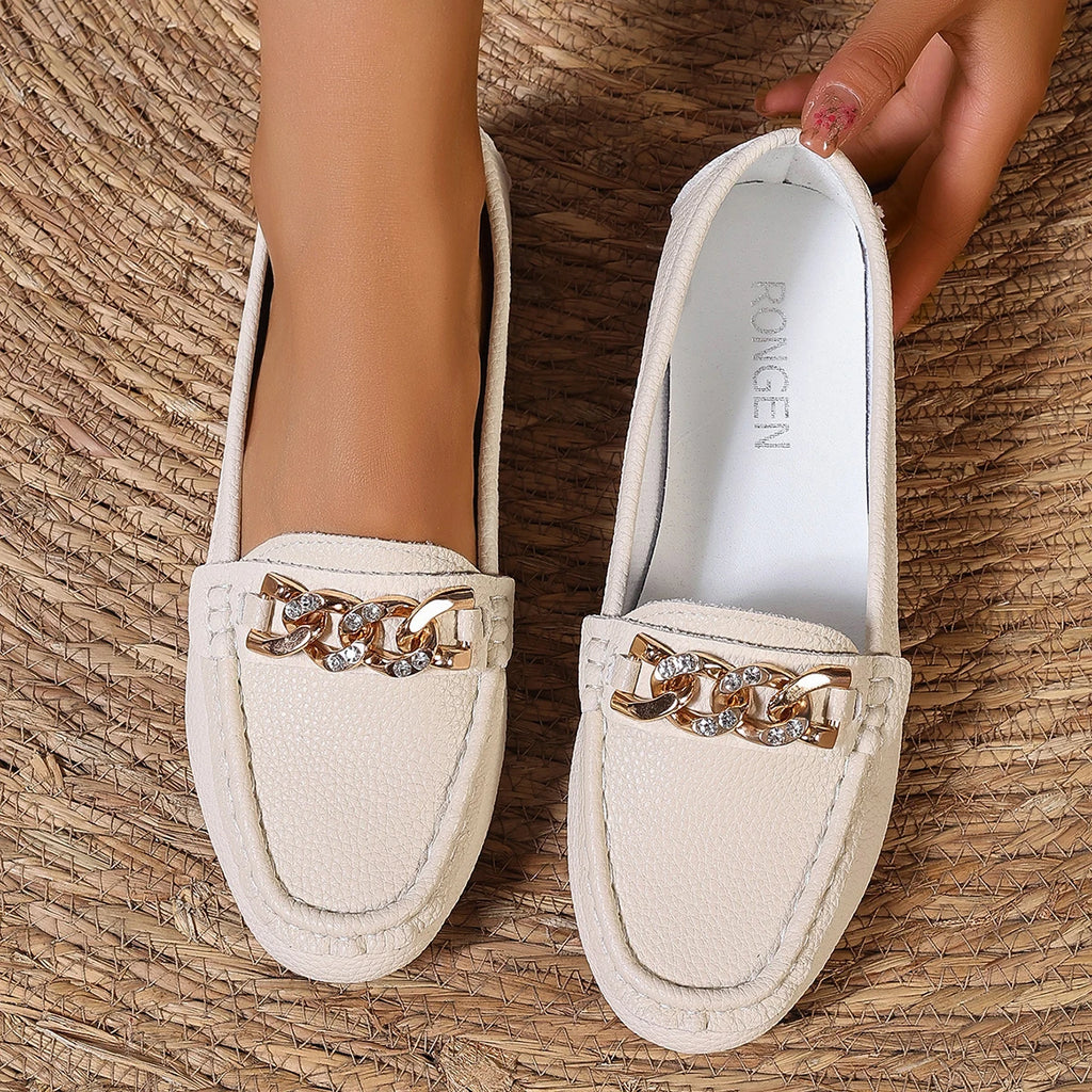Mocassin femme plat bout arrondi ornement chaîne et strass - Hiverline