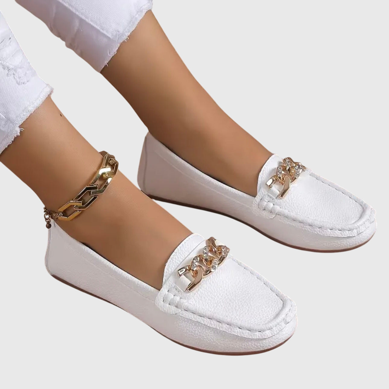 Mocassins Femme Slip-On Confort Semelle Rembourrée Détail Chaîne Dorée Casual Bureau - Hiverline