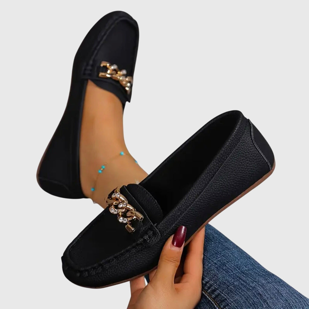 Mocassins Femme Slip-On Confort Semelle Rembourrée Détail Chaîne Dorée Casual Bureau - Hiverline