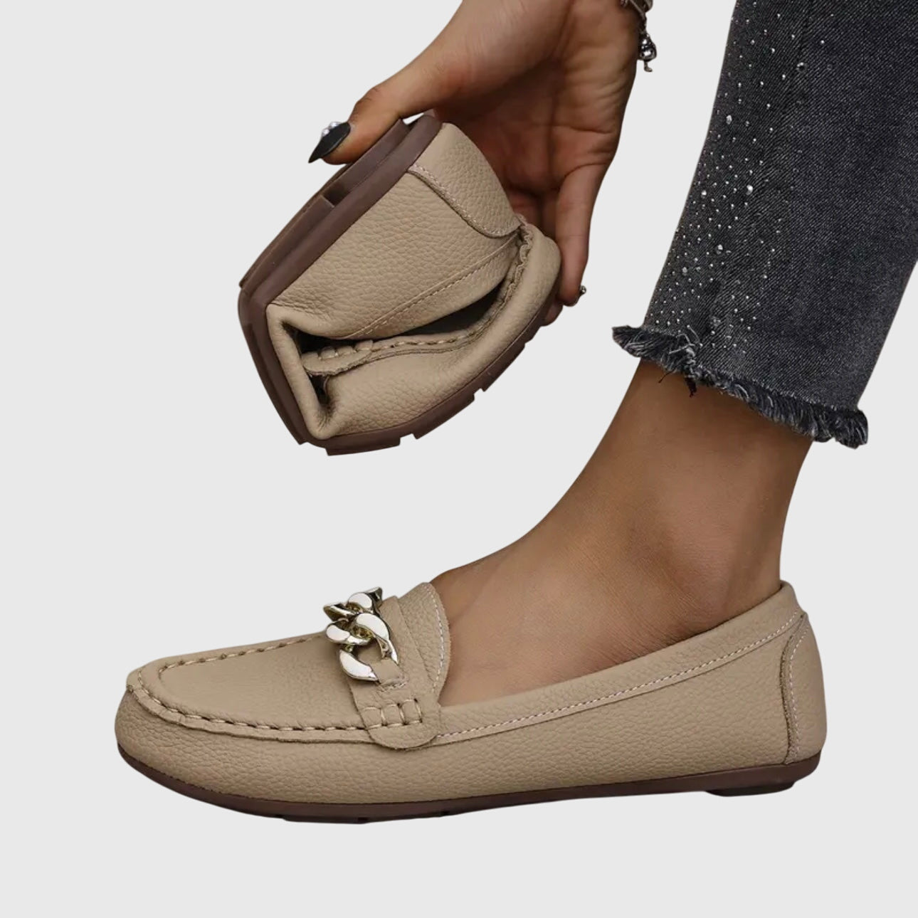 Mocassins Femme Slip-On Confort Semelle Rembourrée Détail Chaîne Dorée Casual Bureau - Hiverline