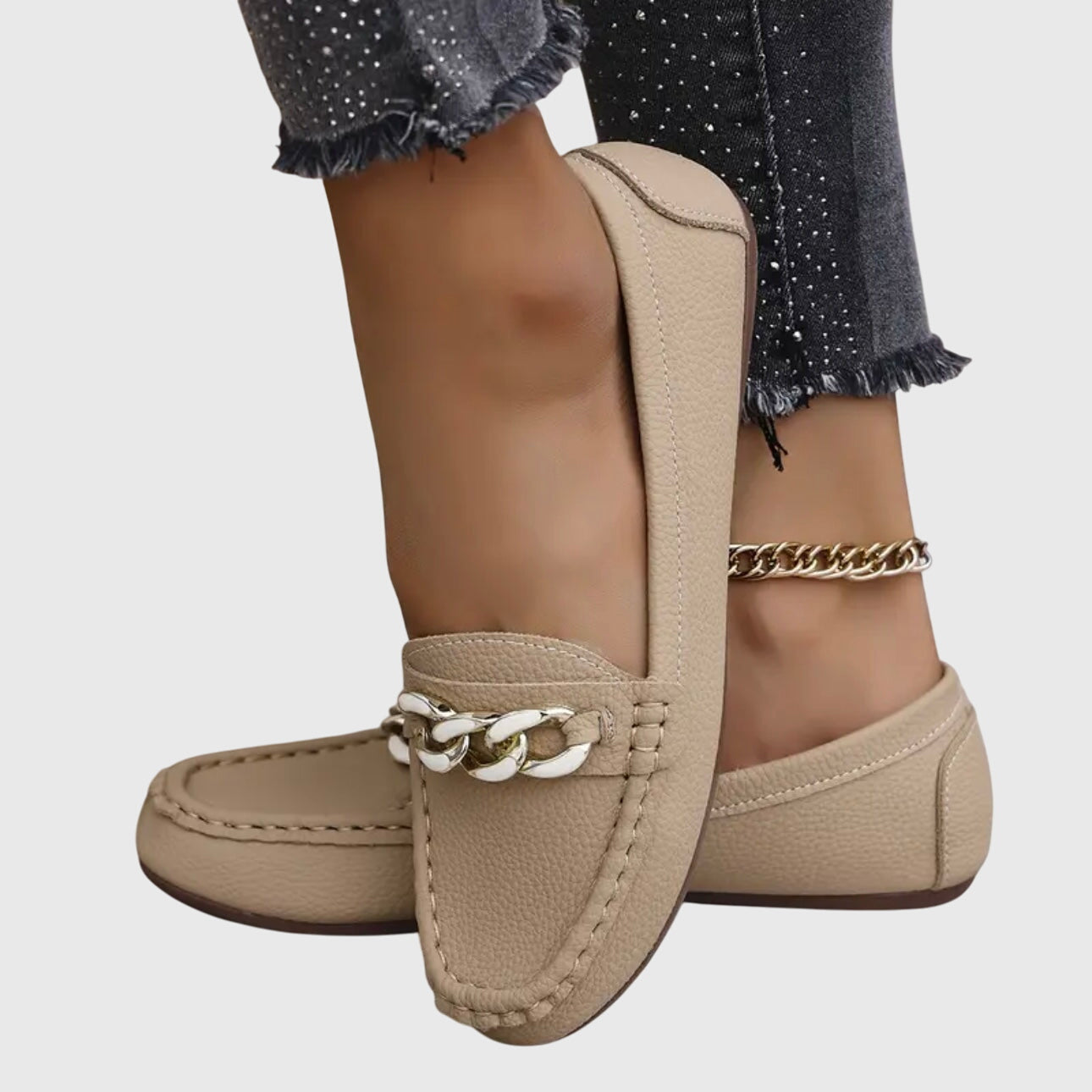 Mocassins Femme Slip-On Confort Semelle Rembourrée Détail Chaîne Dorée Casual Bureau - Hiverline