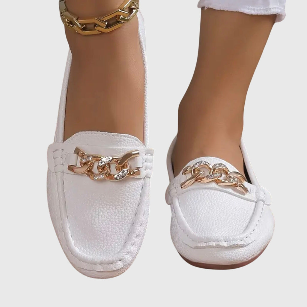 Mocassins Femme Slip-On Confort Semelle Rembourrée Détail Chaîne Dorée Casual Bureau - Hiverline