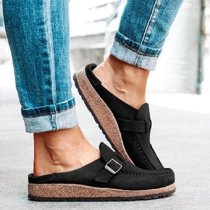 Mules Femme en Suède à Boucle Semelle Liège Rétro Slip-On Casual Confort - Hiverline