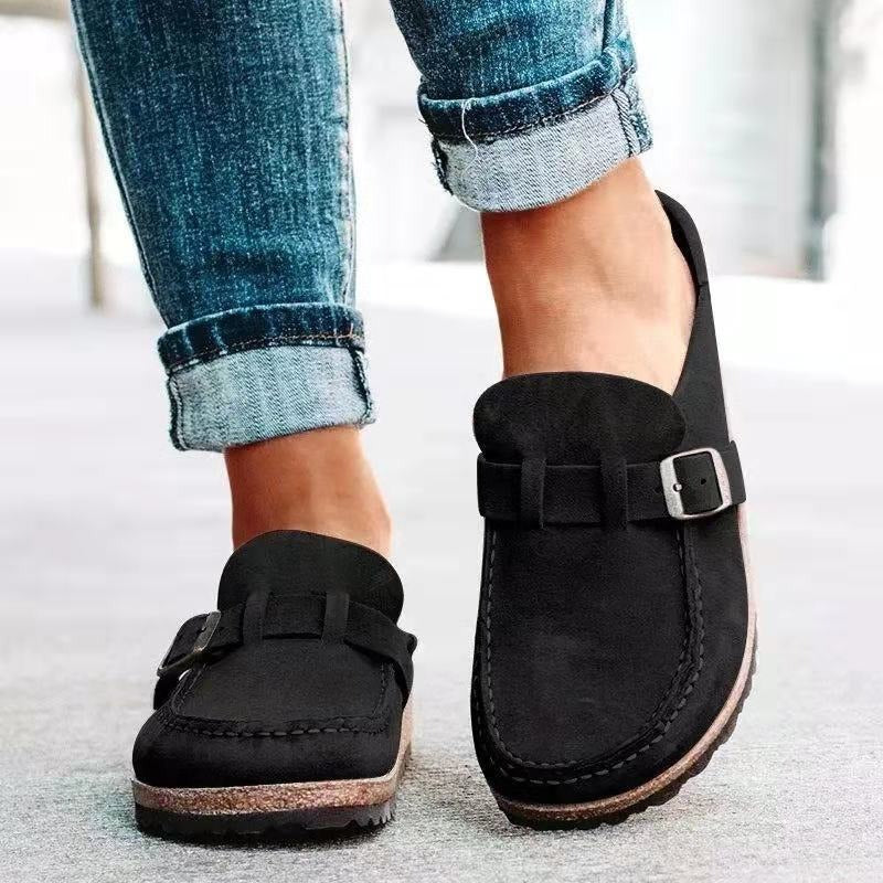 Mules Femme en Suède à Boucle Semelle Liège Rétro Slip-On Casual Confort - Hiverline