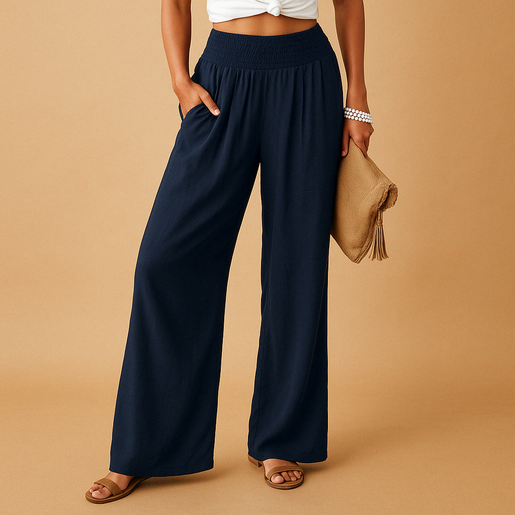Pantalon Large Taille Haute Femme – Ceinture Smockée Fluide Casual Été - Hiverline