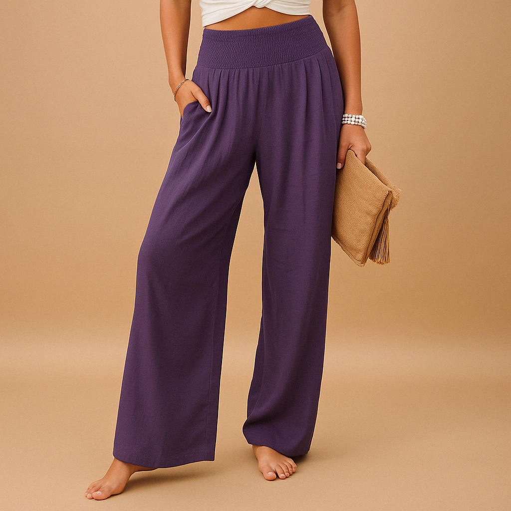 Pantalon Large Taille Haute Femme – Ceinture Smockée Fluide Casual Été - Hiverline