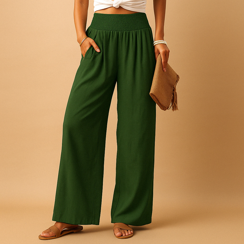 Pantalon Large Taille Haute Femme – Ceinture Smockée Fluide Casual Été - Hiverline