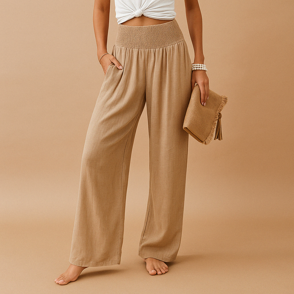 Pantalon Large Taille Haute Femme – Ceinture Smockée Fluide Casual Été - Hiverline
