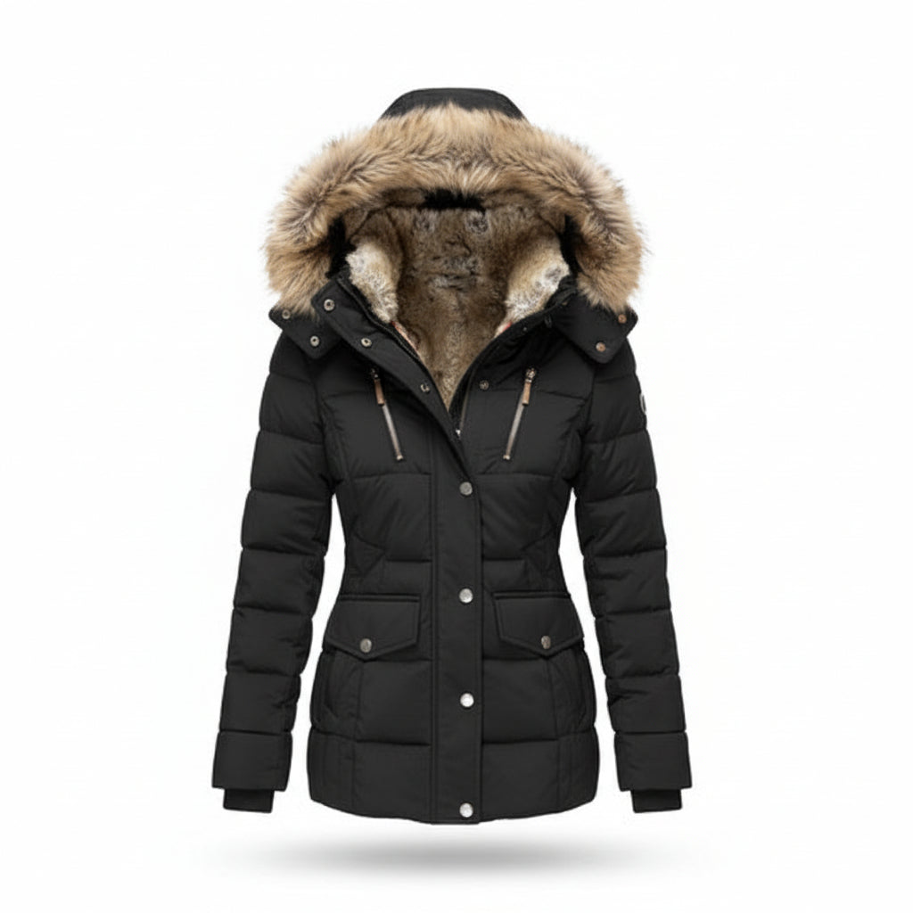 Parka d'Hiver Femme Matelassée Capuche Fourrure Doublure Sherpa Quatre Poches - Hiverline