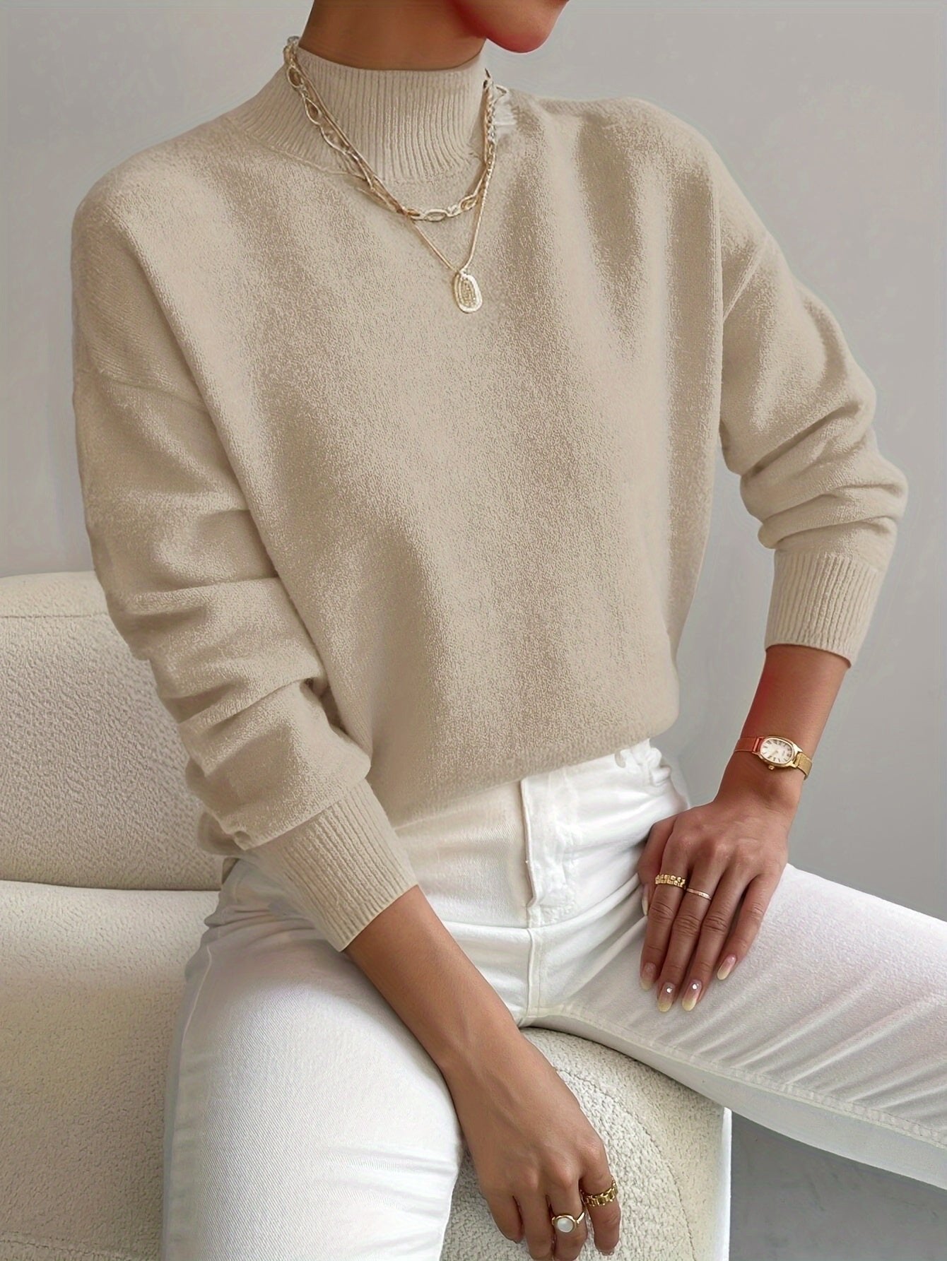 Pull Col Montant Femme Coupe Décontractée Manches Longues Tricot Casual Hiver - Hiverline
