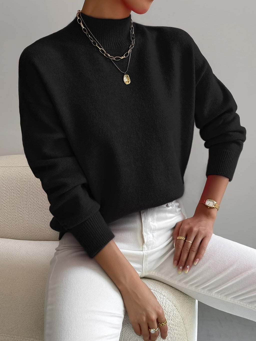 Pull Col Montant Femme Coupe Décontractée Manches Longues Tricot Casual Hiver - Hiverline