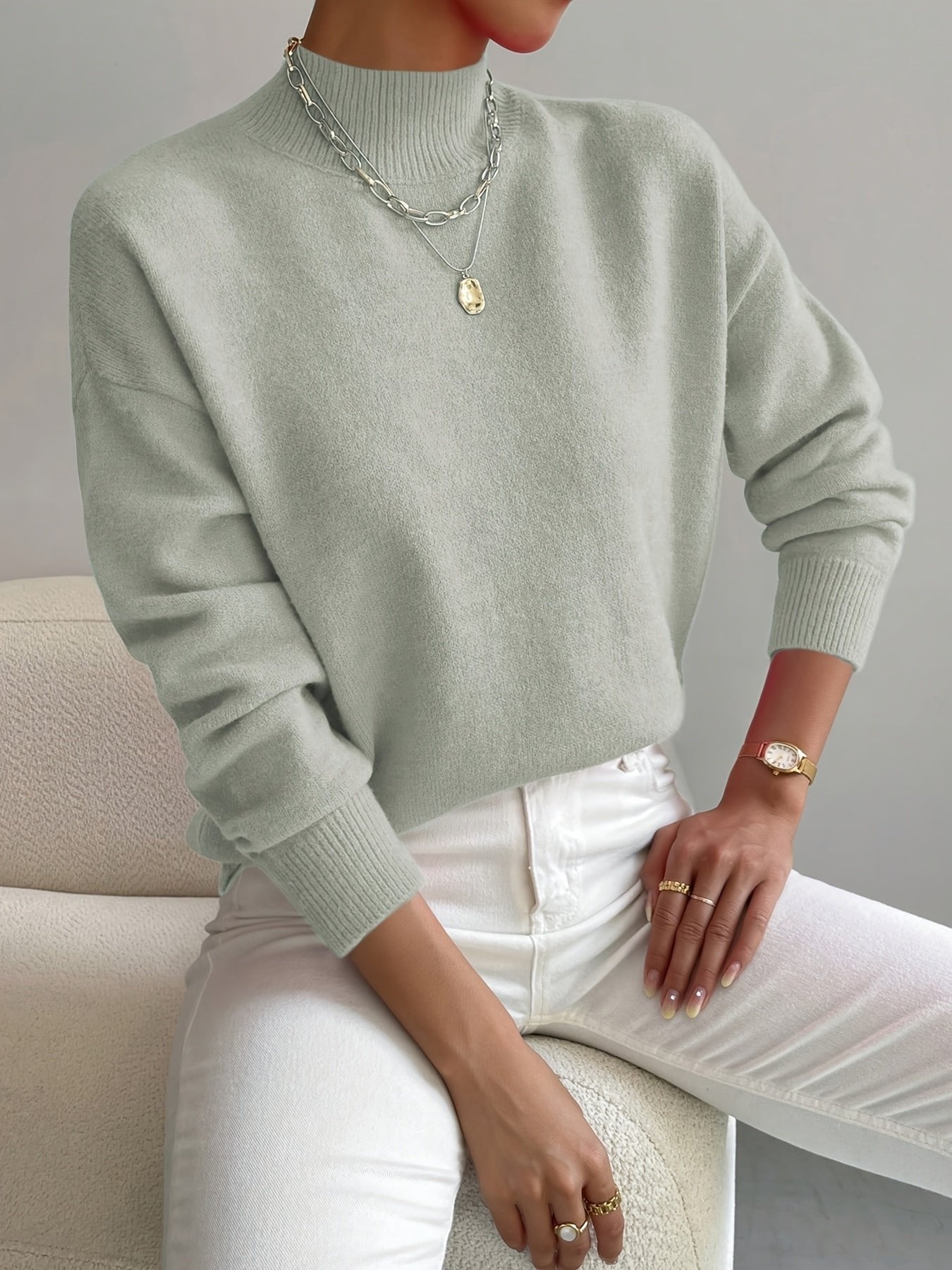 Pull Col Montant Femme Coupe Décontractée Manches Longues Tricot Casual Hiver - Hiverline
