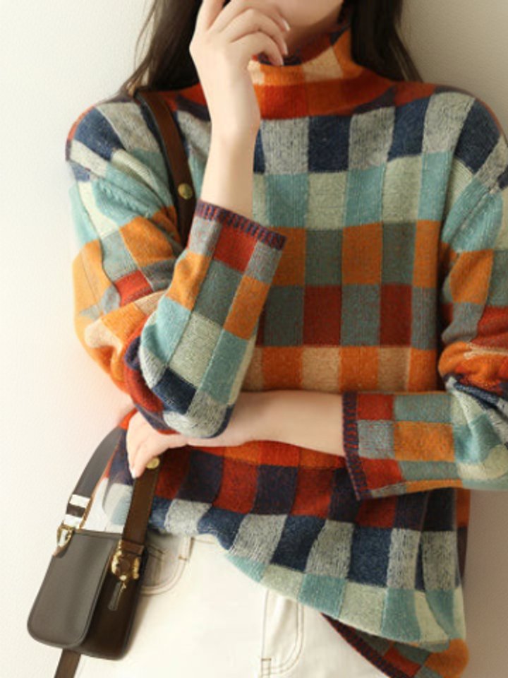 Pull Col Roulé Femme Motif Carreaux Multicolores Oversize Casual Automne Hiver - Hiverline