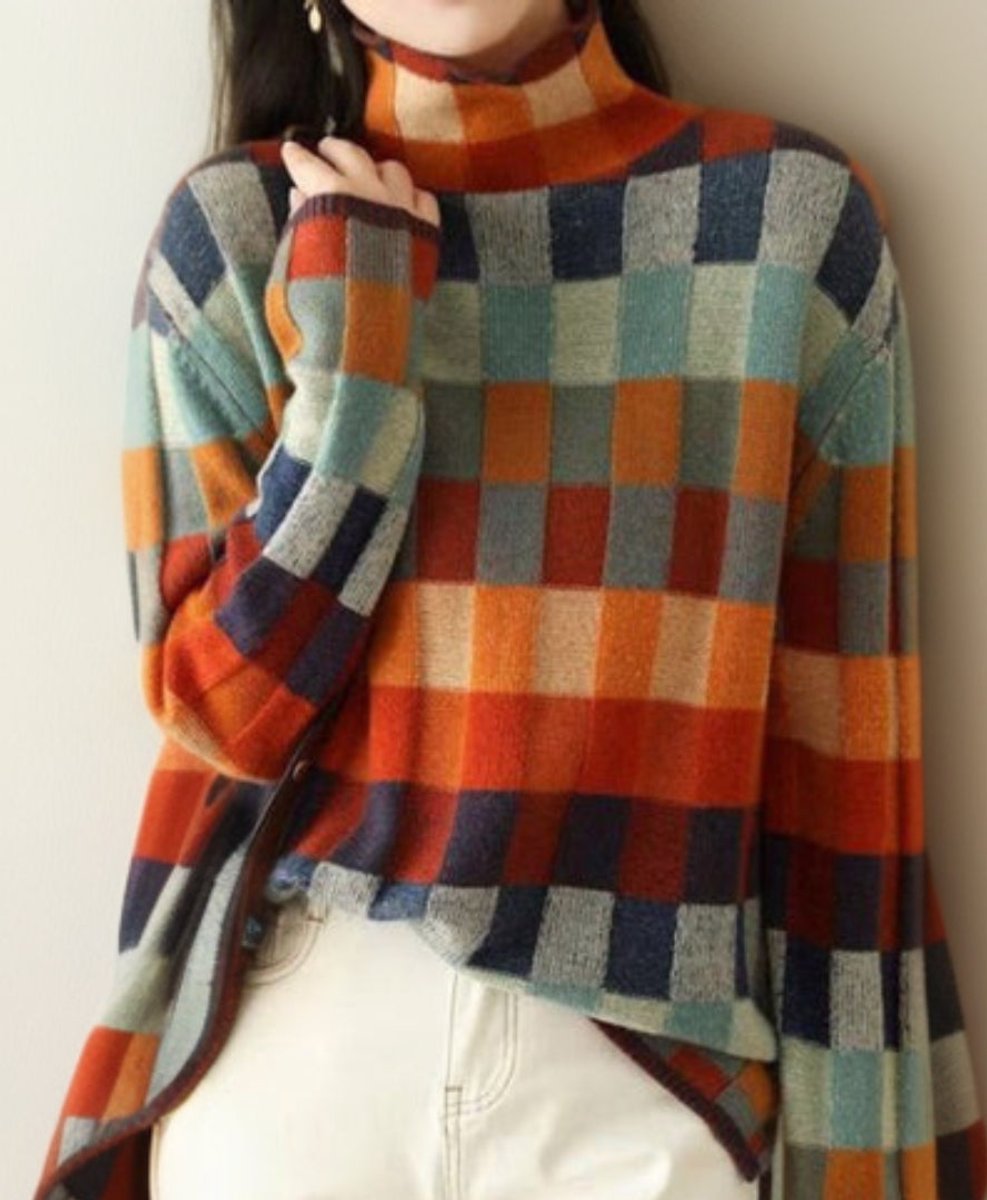 Pull Col Roulé Femme Motif Carreaux Multicolores Oversize Casual Automne Hiver - Hiverline