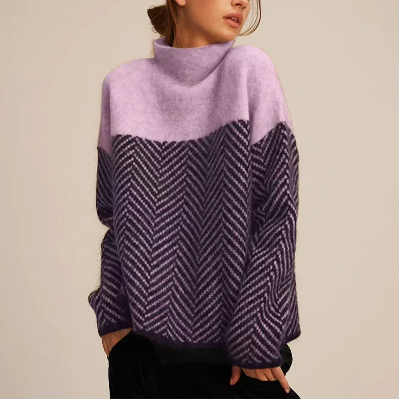 Pull Col Roulé Femme Motif Chevron Oversize Tricot Chaud Casual Hiver - Hiverline