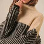 Pull Col Roulé Femme Motif Chevron Oversize Tricot Chaud Casual Hiver - Hiverline