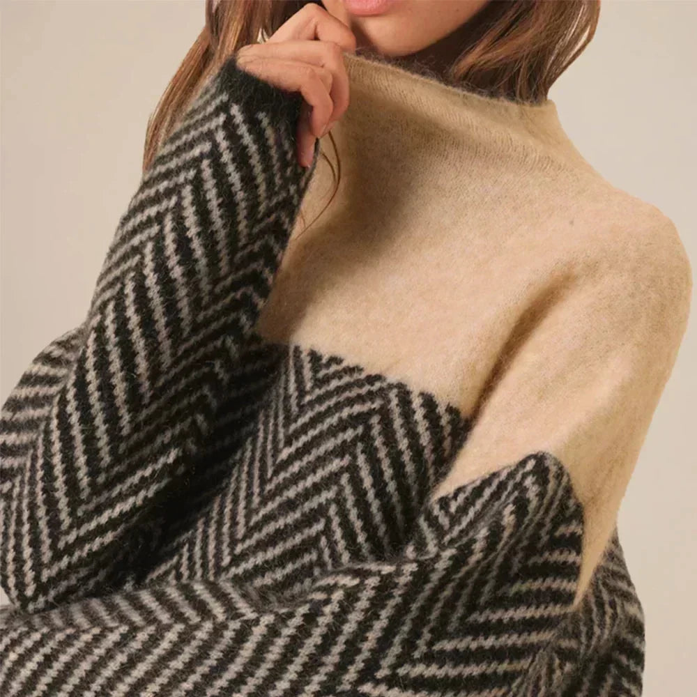 Pull Col Roulé Femme Motif Chevron Oversize Tricot Chaud Casual Hiver - Hiverline