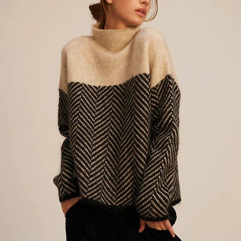 Pull Col Roulé Femme Motif Chevron Oversize Tricot Chaud Casual Hiver - Hiverline