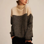 Pull Col Roulé Femme Motif Chevron Oversize Tricot Chaud Casual Hiver - Hiverline