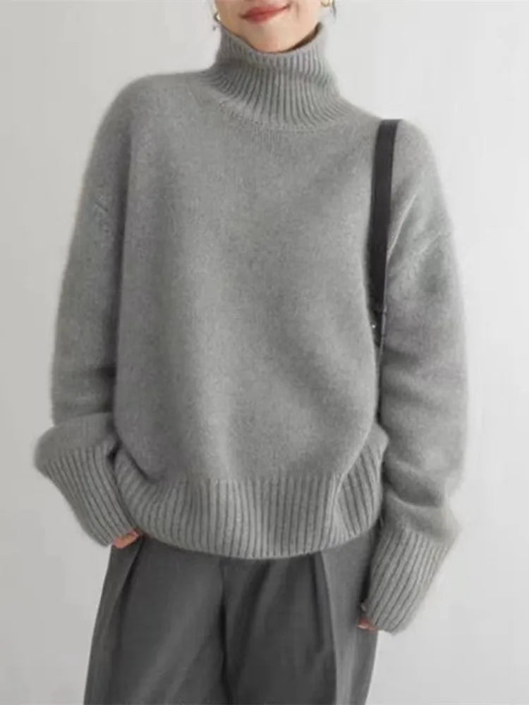 Pull Col Roulé Femme Oversize en Cachemire Tricoté Casual Hiver - Hiverline