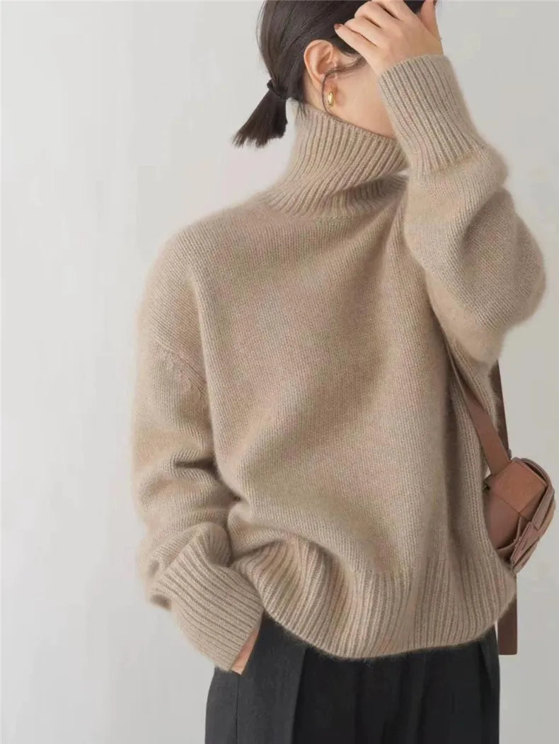 Pull Col Roulé Femme Oversize en Cachemire Tricoté Casual Hiver - Hiverline