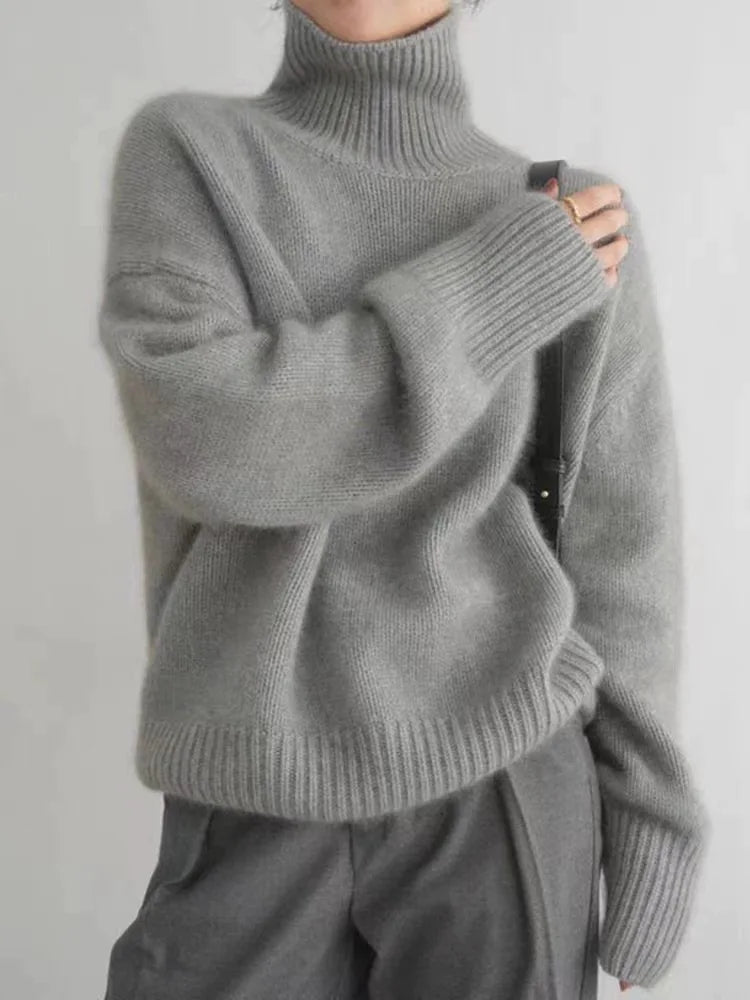 Pull Col Roulé Femme Oversize en Cachemire Tricoté Casual Hiver - Hiverline