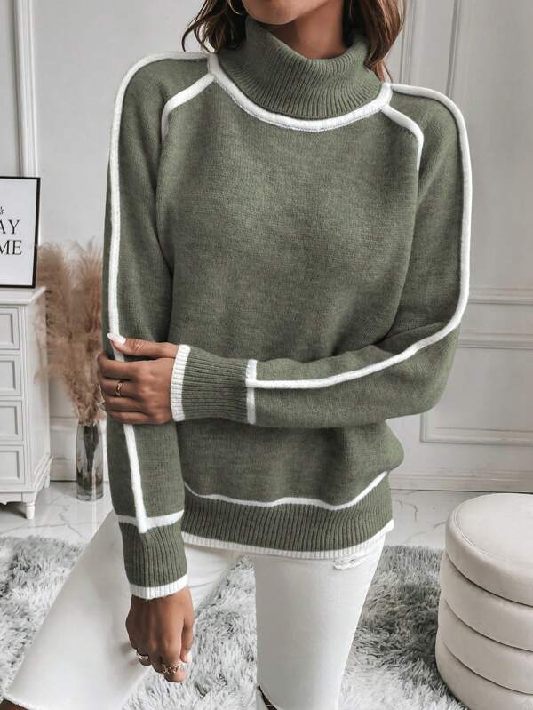Pull Col Roulé Femme Oversize Rayures Contrastantes Casual Hiver - Hiverline