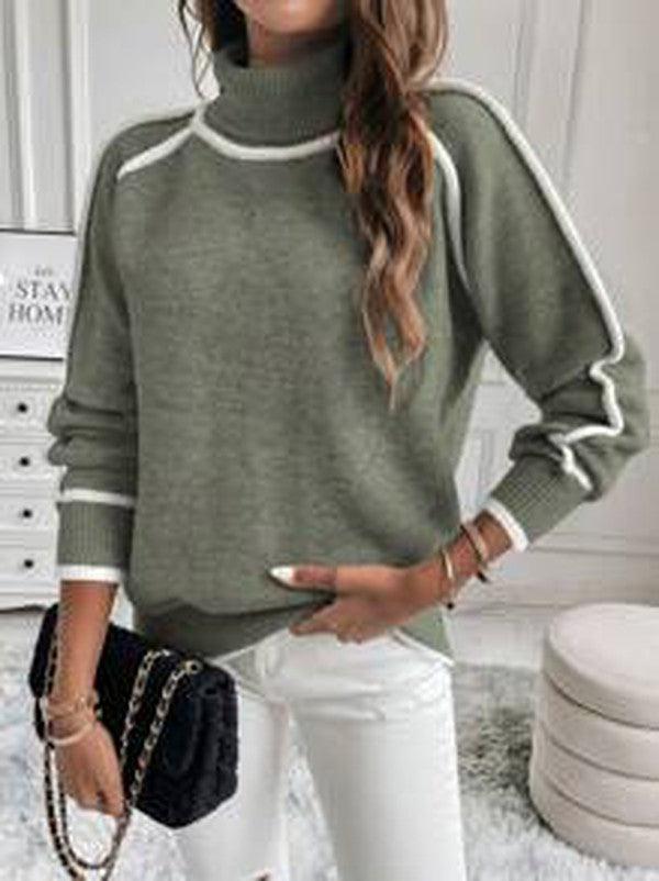 Pull Col Roulé Femme Oversize Rayures Contrastantes Casual Hiver - Hiverline