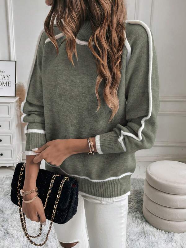 Pull Col Roulé Femme Oversize Rayures Contrastantes Casual Hiver - Hiverline