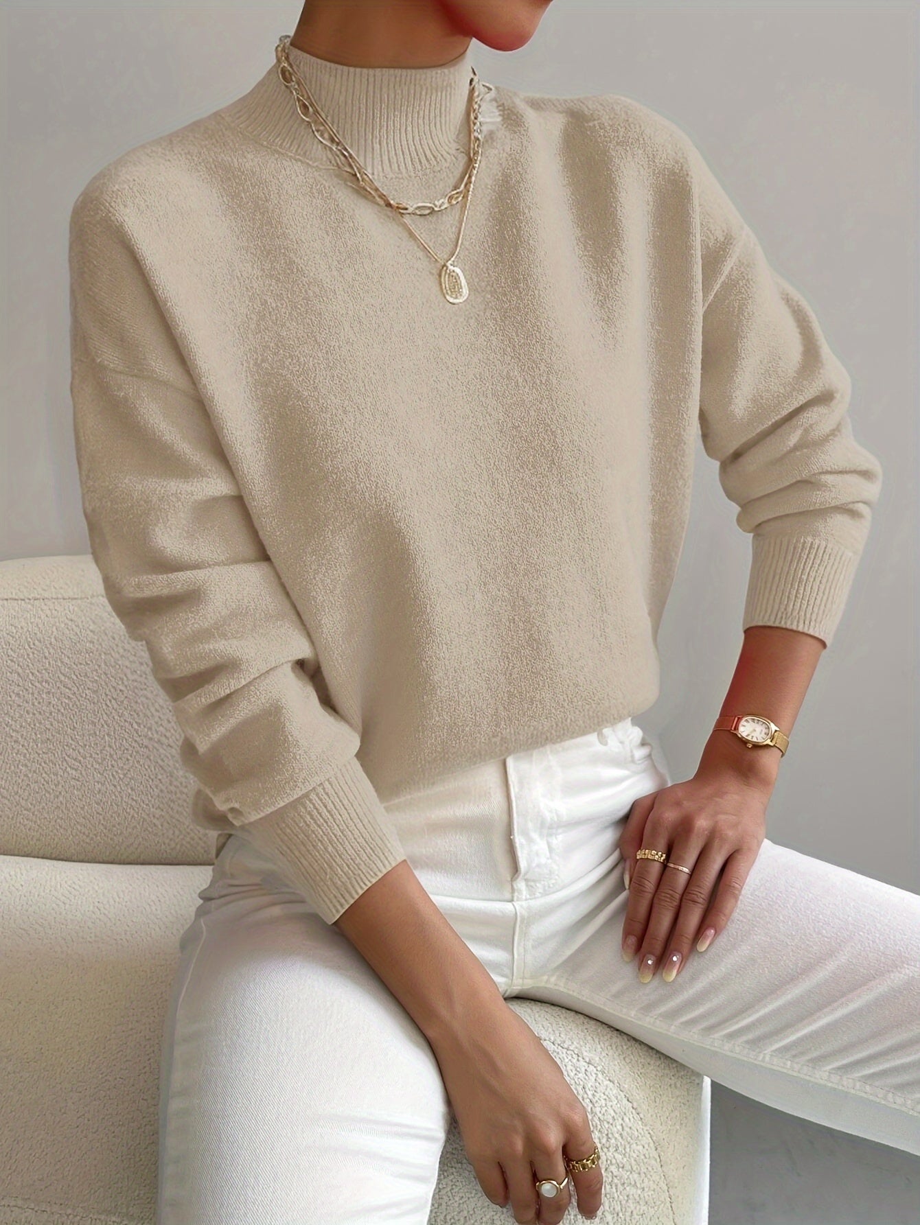 Pull Col Roulé Femme Tricoté Oversize Manches Longues Casual Hiver - Hiverline
