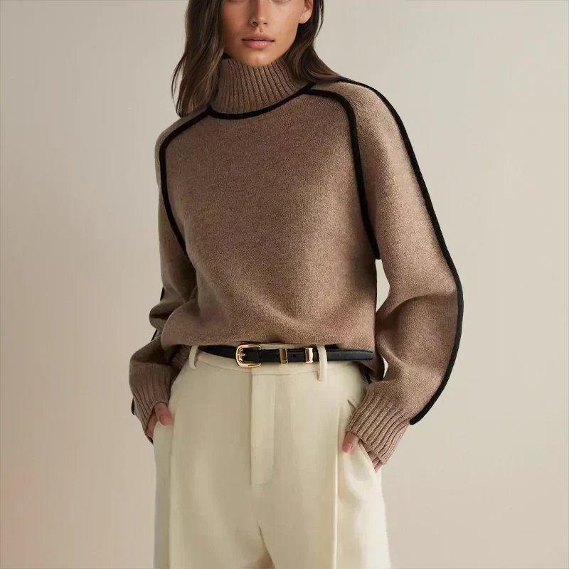 Pull Col Roulé Surdimensionné Femme Colorblock Tricoté Casual Hiver - Hiverline