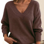 Pull Col V Femme Manches Longues Mélange Cachemire Oversize Casual Hiver - Hiverline